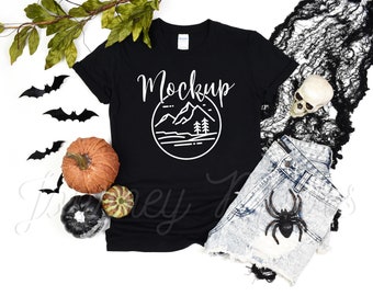 Gildan 64000 Halloween Mockup Black | Gildan 64000 Mockup Halloween | 64000 Fall Mockup | Halloween Tshirt Flat Lay | Gildan 64000 Black