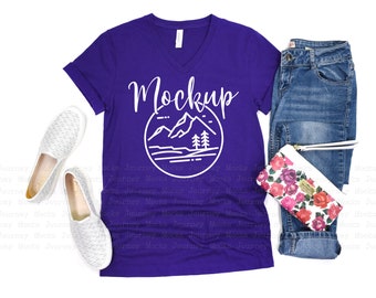 3005 Team Purple | Bella Canvas 3005 Mockup | V Neck Mockup Flat Lay | Lifestyle Mockup | 3005 V-Neck | Summer Tshirt |  Digital Mockup