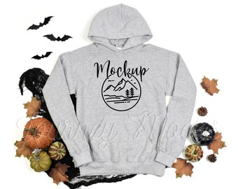 Gildan 18500 Halloween Mockup Sport Grey | Gildan 18500 Mockup | 18500 Fall Hoodie Mockup | Halloween Sweatshirt Flat Lay | Gildan Mockup