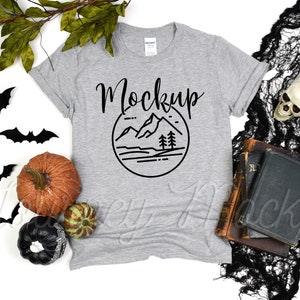 Gildan 64000 Halloween Mockup Sport Grey | Gildan 64000 Mockup Halloween | 64000 Fall Mockup | Halloween Tshirt Flat Lay | Gildan 64000 Gray