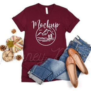 3001 Weinrot | Bella Canvas 3001 Mockup Herbst | 3001 Bella Mockup Kastanienbraun | Bella Canvas Herbst Tshirt flach gelegt | Lifestyle Saisonaler Herbst Mockup