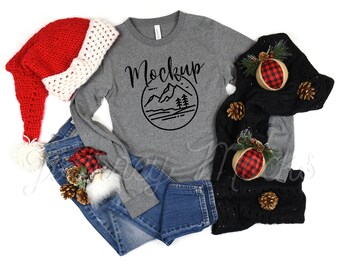 3501 Christmas Mockup Deep Heather | Bella Canvas 3501 Mockup | 3501 Mockup | 3501 Long Sleeve Holiday Mockup | Seasonal Lifestyle Flat Lay