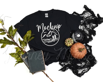 Gildan 5000 Halloween Mockup Schwarz | Gildan 5000 Mockup Halloween | 5000 Herbst Mockup Schwarz | Gildan Schwere Baumwolle Tshirt Halloween Flat Lay