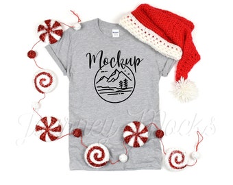 Gildan 64000 Christmas Mockup Sport Grey | Gildan 64000  Holiday Mockup | 64000 Seasonal Mockup | Christmas Tshirt Flat Lay | 64000 Gildan