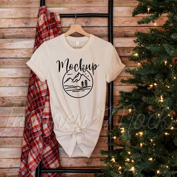 3001 Hanging Christmas Mockup Natural | Bella Canvas 3001 Xmas Mockup | Festive Winter T Shirt Mockup | Hanging Seasonal Lifestyle Mockup