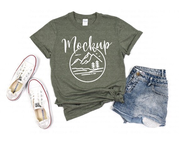 Gildan 64000 Mockup | Heather Military Green | Gildan Softstyle Tshirt Mockup | 64000 Mockup Flat Lay | Lifestyle Gildan Mockup Flat Lay