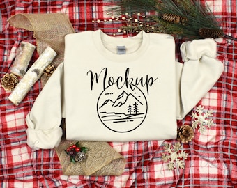Gildan 18000 Christmas Mockup Sand | Gildan 18000 Mockup | 18000 Winter Mockup | Xmas Sweatshirt Flat Lay | Gildan Crew Neck Sweater