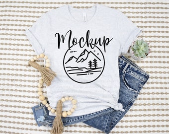 Bella Canvas 3001 Mockup Ash | 3001 Mockup | Boho Styled Flat Lay | 3001 Ash Tshirt Mock Up | Lifestyle Bella Mockup 3001 | Digital Download