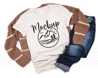 3005 Heather Dust | Bella Canvas 3005 Mockup | V Neck T Shirt Mockup Flat Lay | Lifestyle Mockup | 3005 V-Neck Tshirt Flat Lay |  Digital
