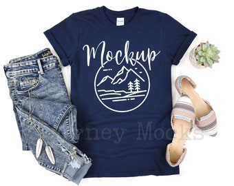 Gildan 64000 Navy Blue Mockup | Gildan Softstyle Mockup Unisex Tshirt | 64000 Mockup Flat Lay | Gildan T Shirt Mock Up | White Background