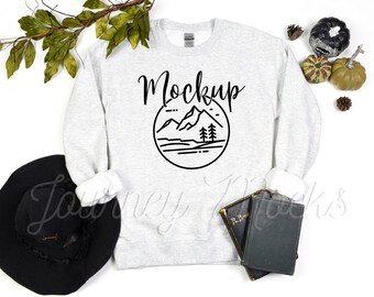 Gildan 18000 Halloween Mockup Ash | Gildan 18000 Mockup Ash | 18000 Fall Mockup | Halloween Sweatshirt Flat Lay | Gildan Crew Neck Sweater