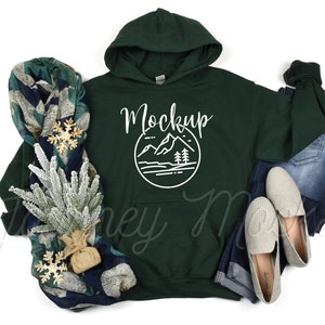 Gildan 18500 Weihnachtsmockup Waldgrün | Gildan 18500 Mockup | 18500 Winter Hoodie Mockup | Weihnachten Sweatshirt flach gelegt | 18500 Mockup
