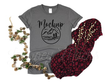 Gildan 64000 Christmas Mockup Charcoal | Gildan 64000 Holiday Mockup | 64000 Seasonal Mockup | Christmas Tshirt Flat Lay | Gildan 64000