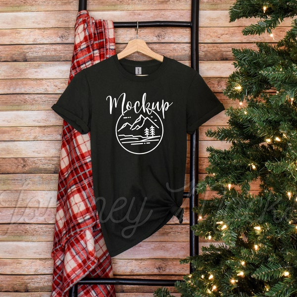 Gildan 64000 Hanging Christmas Mockup Forest Green | Gildan 64000 Holiday Mockup | 64000 Seasonal Mockup | Gildan Christmas Tshirt Flat Lay