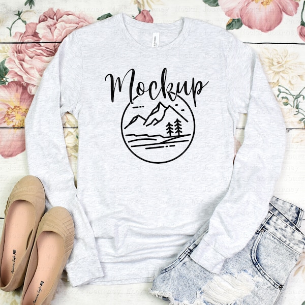 Bella Canvas 3501 Mockup Ash | 3501 Mockup | Bella Canvas Flat Lay | Women's Long Sleeve T Shirt Flat Lay | Cute Digital Lifestyle Mock Up