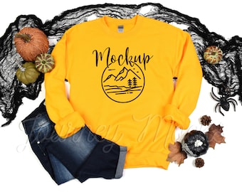 Gildan 18000 Halloween Mockup Gold | Gildan 18000 Mockup | 18000 Fall Mockup | Halloween Sweatshirt Flat Lay | Gildan Crew Neck Sweater