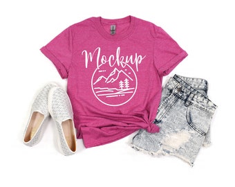 Gildan 64000 Mockup | Heather Berry | Gildan Softstyle Tshirt Mockup | 64000 Mockup Flat Lay | Lifestyle Gildan Mockup | Digital SVG Mockup