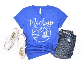 3005 Heather True Royal | Bella Canvas 3005 Mockup | V Neck Mockup Flat Lay | Lifestyle Mockup | Summer V-Neck Tshirt |  Digital Mock Up