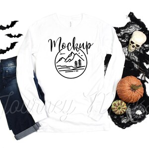 3501 Halloween Mockup White | Bella Canvas 3501 Mockup | 3501 Mockup White | Bella Canvas Long Sleeve Fall Mockup | Halloween Flat Lay
