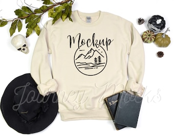 Gildan 18000 Halloween Mockup Sand | Gildan 18000 Mockup Sand | 18000 Fall Mockup | Halloween Sweatshirt Flat Lay | Gildan Crew Neck Sweater