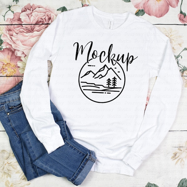 Bella Canvas 3501 Mockup White | 3501 Mockup | Bella Canvas Flat Lay | Women's Long Sleeve T Shirt Flat Lay | Cute Digital Lifestyle Mock Up