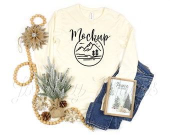 3501 Christmas Mockup Natural | Bella Canvas 3501 Mockup | 3501 Mockup | Long Sleeve Holiday Mockup | 3501 Seasonal Lifestyle Flat Lay