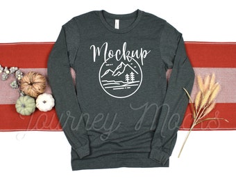 3501 Fall Mockup Heather Forest | Bella Canvas 3501 Mockup | 3501 Mockup | Bella Canvas Long Sleeve Fall Mockup | Lifestyle Autumn Flat Lay