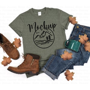 Gildan 64000 Mockup | Heather Military Green | Gildan Softstyle Tshirt | Fall Mockup | 64000 Mockup Flat Lay | Lifestyle Gildan Mockup