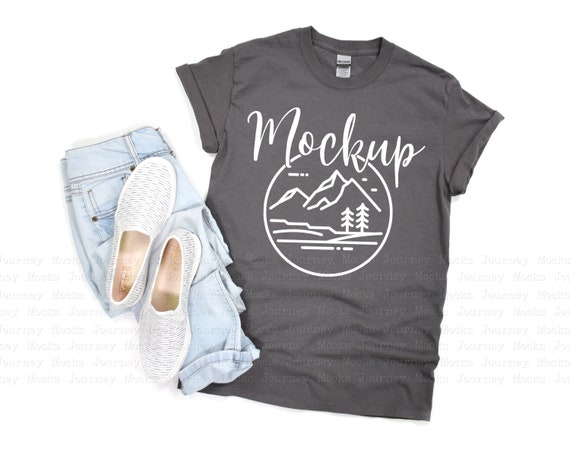 Gildan 5000 Mockup | Charcoal | 5000 Mockup Flat Lay | Gildan Heavy Cotton T Shirt Mock Up | 5000 Charcoal | Lifestyle Mockup | Digital
