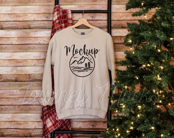 Gildan 18000 Hanging Christmas Mockup Sand | Gildan 18000 Mockup | 18000 Winter Mockup | Xmas Sweatshirt Flat Lay | Gildan Crew Neck Sweater