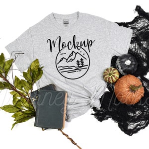 Gildan 5000 Halloween Mockup Sport Grey | Gildan 5000 Mockup Halloween | 5000 Fall Mockup | Gildan Heavy Cotton Tshirt Halloween Flat Lay