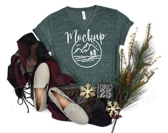 3005 Bella Canvas Christmas Mockup Forest Marble | Bella Canvas 3005 Xmas Mockup | Winter T Shirt Flat Lay | Seasonal Lifestyle Mockup