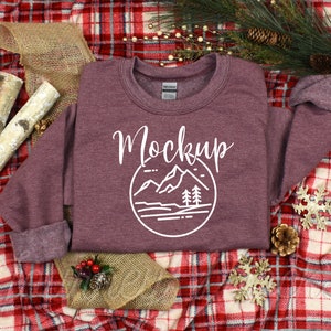 Gildan 18000 Christmas Mockup Heather Sport Dark Maroon | Gildan 18000 Mockup | 18000 Winter Mockup | Xmas Crew Neck Sweatshirt Flat Lay
