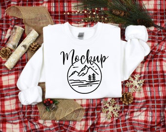 Gildan 18000 Christmas Mockup White | Gildan 18000 Mockup | 18000 Winter Mockup | White Xmas Sweatshirt Flat Lay | Gildan Crew Neck Sweater
