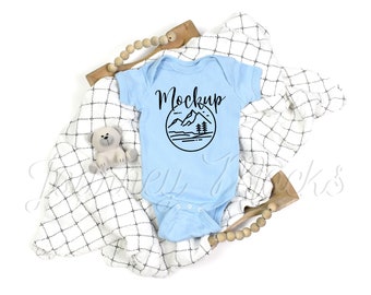 Rabbit Skins 4400 Mockup Light Blue | Baby Body Suit Flat Lay | Simple Boho Baby Mockup | Unisex Baby Lifestyle Mock Up | Digital Mockup