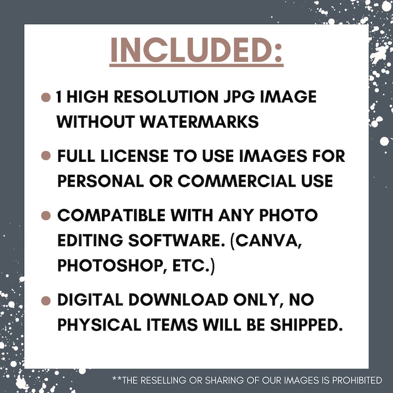 May include: Text on a gray background with white speckles that reads "INCLUDED:" followed by a list of four bullet points: 1 high resolution JPG image without watermarks, full license to use images for personal or commercial use, compatible with any photo editing software (Canva, Photoshop, etc.), digital download only, no physical items will be shipped. The text at the bottom reads "**THE RESELLING OR SHARING OF OUR IMAGES IS PROHIBITED"