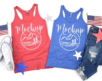 4th Of July Mockup | Next Level 6733 Mockup Vintage Red & Vintage Royal | 6733 Mockup | Summer Flat Lay | 6733 Mockup | Tank Top Mock Up Duo