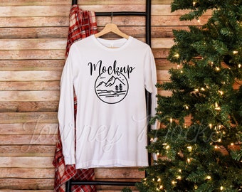 3501 Hanging Christmas Mockup White | Bella Canvas 3501 Mockup | 3501 Xmas Mockup | Long Sleeve Holiday Mockup | 3501 Seasonal Lifestyle