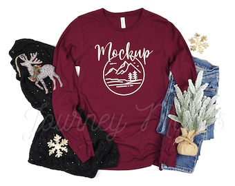 3501 Christmas Mockup Maroon | Bella Canvas 3501 Mockup | 3501 Mockup Christmas | Long Sleeve Holiday Mockup | Seasonal Lifestyle Flat Lay