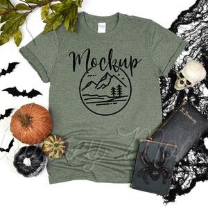 Gildan 64000 Halloween Mockup Heather Military Green | Gildan 64000 Mockup Halloween | 64000 Fall Mockup | Halloween Flat Lay | Gildan 64000