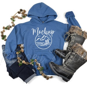 Gildan 18500 Christmas Mockup Indigo | Gildan 18500 Mockup | 18500 Winter Hoodie Mockup | Xmas Sweatshirt Flat Lay | 18500 Gildan Mockup