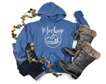 Maqueta de Navidad Gildan 18500 Indigo / Maqueta de Gildan 18500 / Maqueta de sudadera con capucha de invierno 18500 / Sudadera de Navidad Flat Lay / Maqueta de Gildan 18500