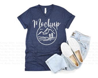 3005 Heather Navy | Bella Canvas 3005 Mockup | V Neck T Shirt Mockup Flat Lay | Lifestyle Mockup | Summer V-Neck Tshirt |  Digital Mock Up