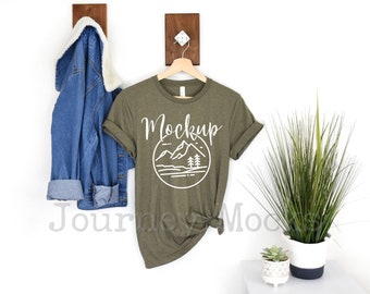 Bella Canvas 3001 Mockup | Heather Olive | Hanging T Shirt Mockup | 3001 Bella Canvas Flat Lay | Tshirt Mockup | Lifestyle 3001 Mockup