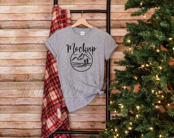 Gildan 64000 Hanging Christmas Mockup Sport Grey | Gildan 64000 Holiday Mockup | Gildan Seasonal Mockup | Gildan Christmas Tshirt Flat Lay