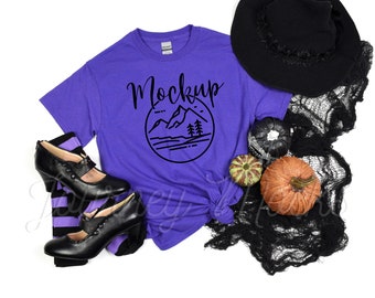 Gildan 5000 Halloween Mockup Flieder Lila | Gildan 5000 Mockup Halloween | 5000 Herbst Mockup | Gildan Schwere Baumwolle Tshirt Halloween Flat Lay