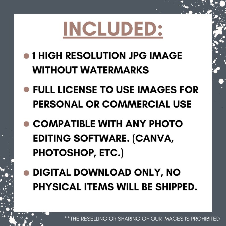 May include: Text on a gray background with white speckles. The text reads "INCLUDED:" followed by four bullet points. The bullet points list the following: 1 high resolution JPG image without watermarks, full license to use images for personal or commercial use, compatible with any photo editing software (Canva, Photoshop, etc.), and digital download only, no physical items will be shipped. The text at the bottom reads "**THE RESELLING OR SHARING OF OUR IMAGES IS PROHIBITED**"