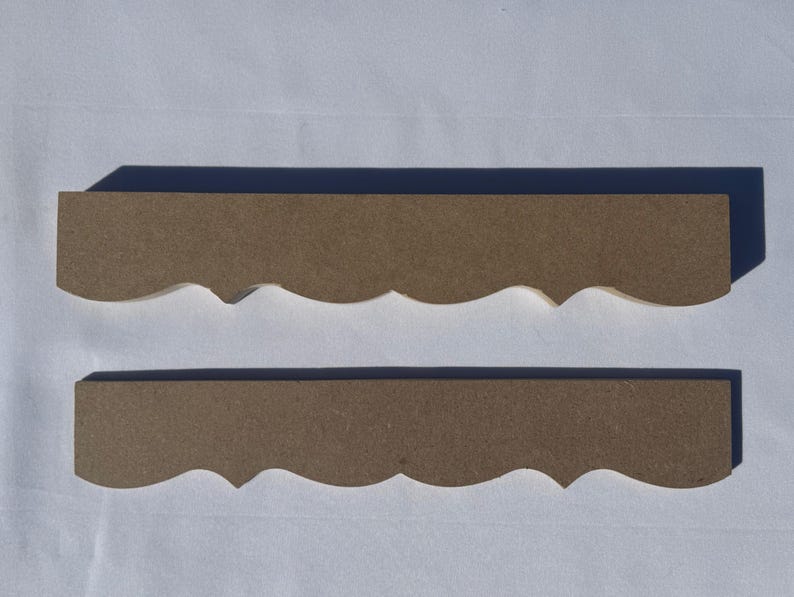 Professional Grade Unfinished Wood Molding Scalloped Edge Furniture Trim Cabinet Enhancement Piece Dresser Applique Accent MDF Ornamental Design Interior Design Element Architectural Detail Decorative Woodworking Component Restoration Project