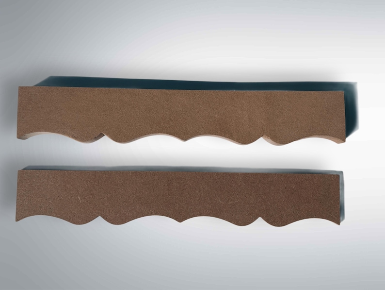 Professional Grade Applique Piece Unfinished Furniture Trim Scalloped Edge Wood Molding Cabinet Door Enhancement MDF Ornamental Design Interior Design Element Architectural Detail Dresser Accent Custom Millwork Project Restoration Ready Designer Specification