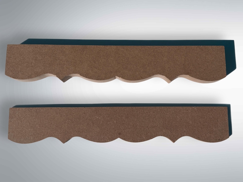 Professional Grade Scalloped Edge Molding Unfinished Furniture Trim Cabinet Applique MDF Ornamental Detail Designer Embellishment Dresser Accent Architectural Woodworking Element Interior Design Ready Paintable Stainable Wood Surface Decorator Quality